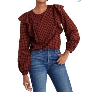 Madewell Women’s Plaid Ruffle Front Top Long‎ Sleeve Size Small Orange